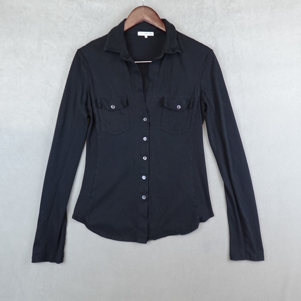 Standard James Perse Shirt Button Down 3 L Black Long Sleeve Contrast Panel Top